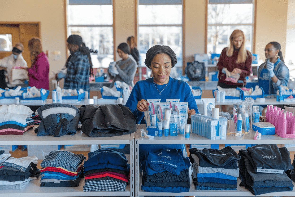 Volunteer sorting donated clothing and personal care items